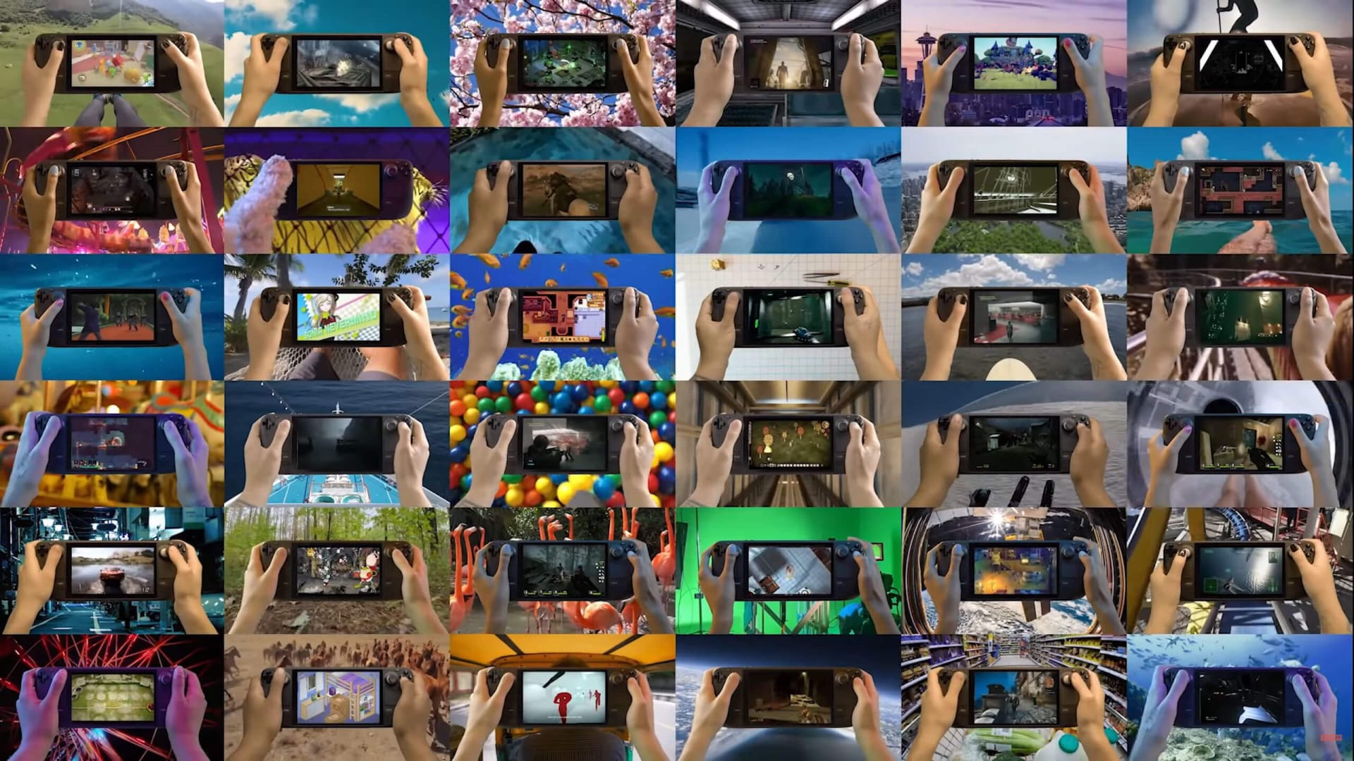 A tiled image depicting many people playing Steam Decks in different settings